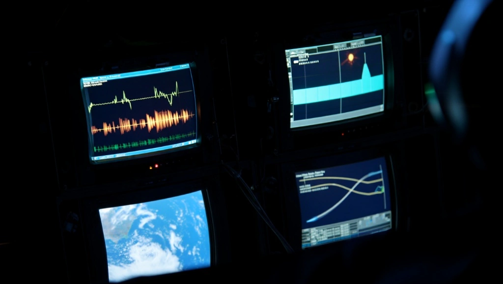 A dark command center monitoring station featuring multiple CRT displays showing satellite telemetry, orbital views of Earth, and complex signal waveforms for aerospace mission control.