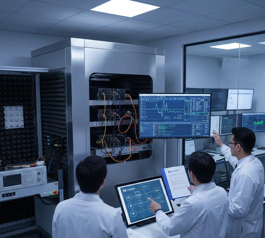 Engineers in a high-tech laboratory conducting RF and microwave testing, reviewing technical compliance documentation and data on digital displays