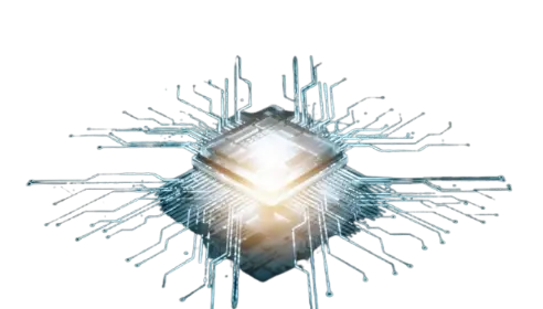 Glowing microchip with digital circuitry traces emitting light, illustrating advanced semiconductor technology
