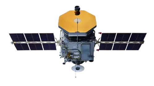 High-resolution view of a modern communication satellite with gold foil shielding and extended solar panels, representing the hardware platform for advanced adaptive signal processing in orbital environments