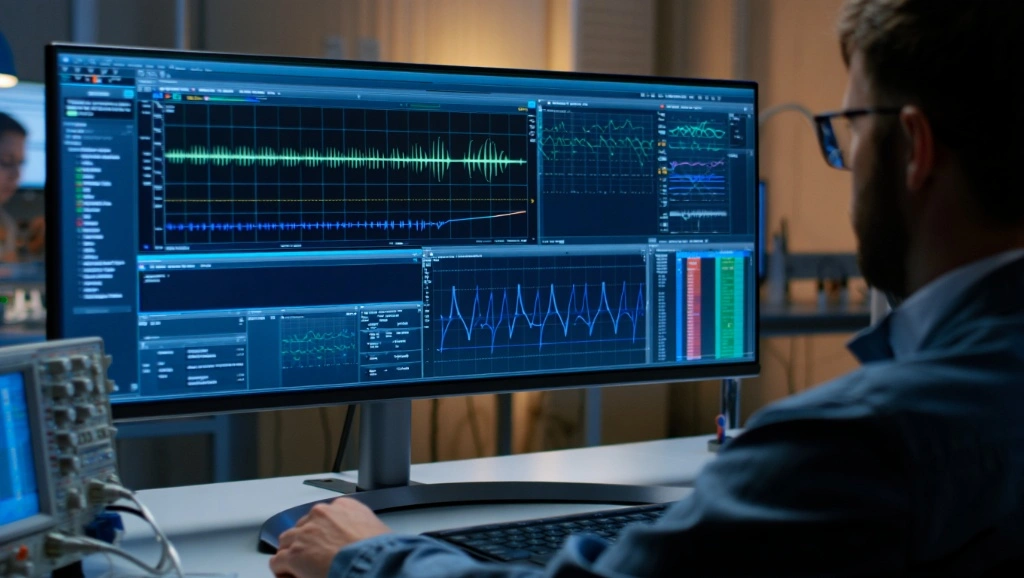 An engineer monitors a large ultrawide display showing multiple live waveform streams and frequency spectrum data, demonstrating professional expertise in real-time signal processing.
